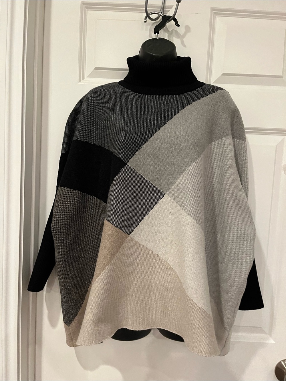 Joseph A Colorblock Turtleneck Poncho Sweater - Black, Gray, Cream, Tan